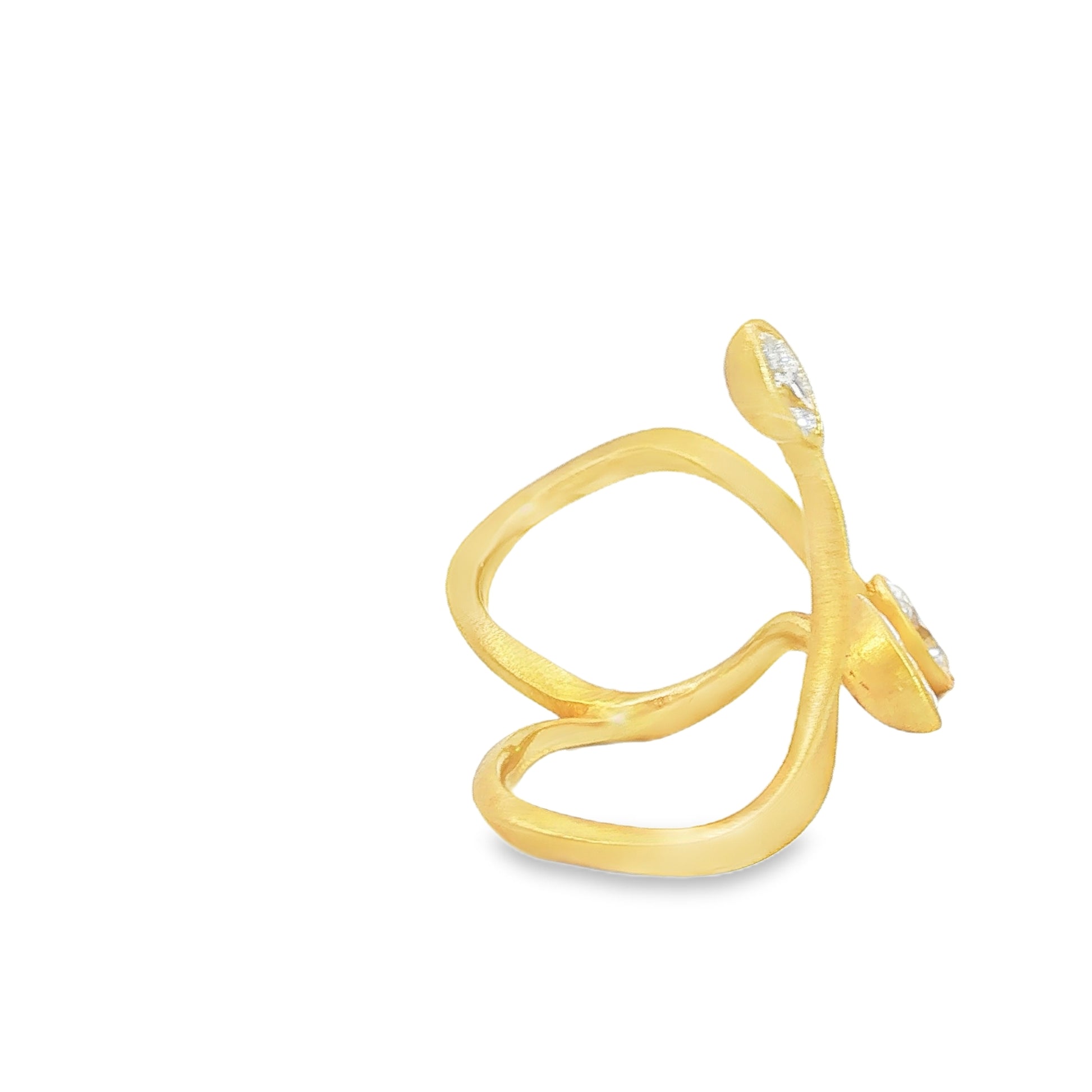 Avant-garde 18k matte yellow gold open-shank ring with 1.53ctw marquise diamonds worn across fingers size 7 by Kantor Gems