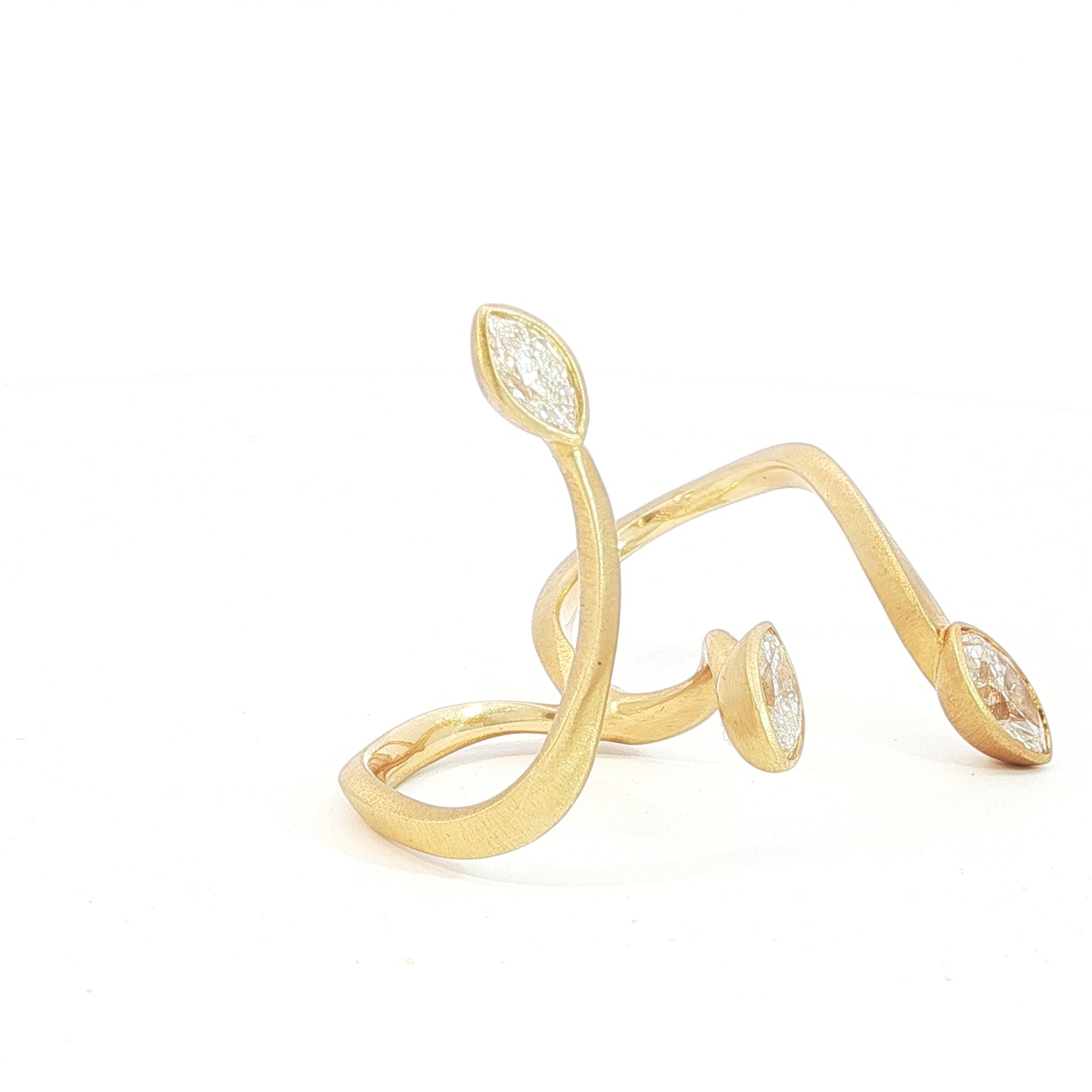 Avant-garde 18k matte yellow gold open-shank ring with 1.53ctw marquise diamonds worn across fingers size 7 by Kantor Gems