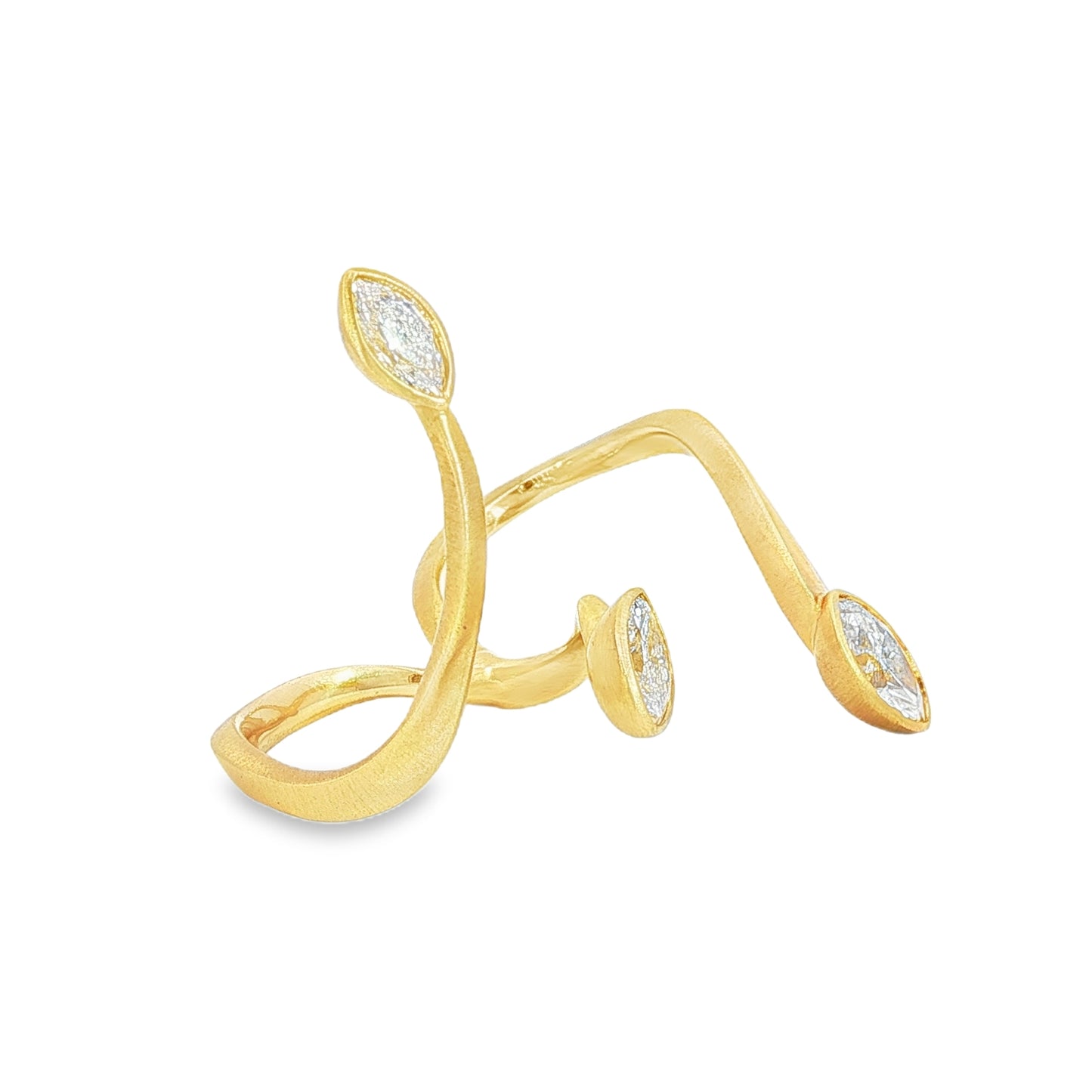Avant-garde 18k matte yellow gold open-shank ring with 1.53ctw marquise diamonds worn across fingers size 7 by Kantor Gems