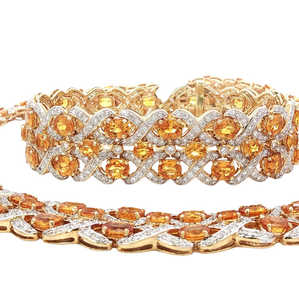 89.00 CTW Oval Orange Sapphire & 19.53 CTW Diamond Interwoven Necklace and Bracelet Suite in 18K Yellow Gold