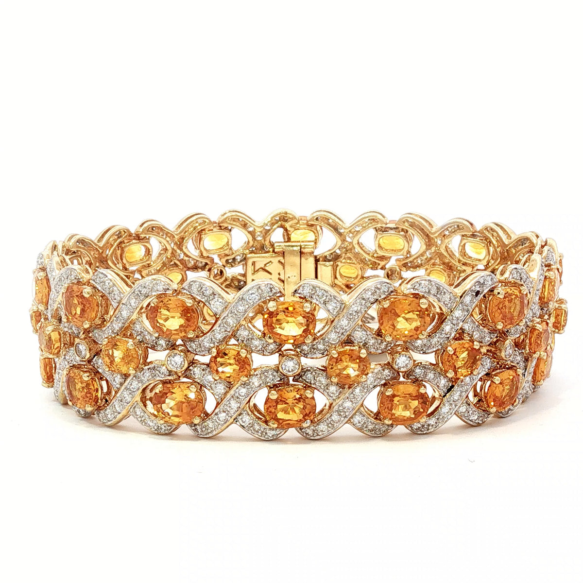 89.00 CTW Oval Orange Sapphire & 19.53 CTW Diamond Interwoven Necklace and Bracelet Suite in 18K Yellow Gold