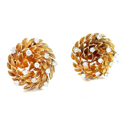 Retro 14k Gold and 1.76 Carat Diamond Clip-On Lever-Back Stud Floral Swirl Design Earrings