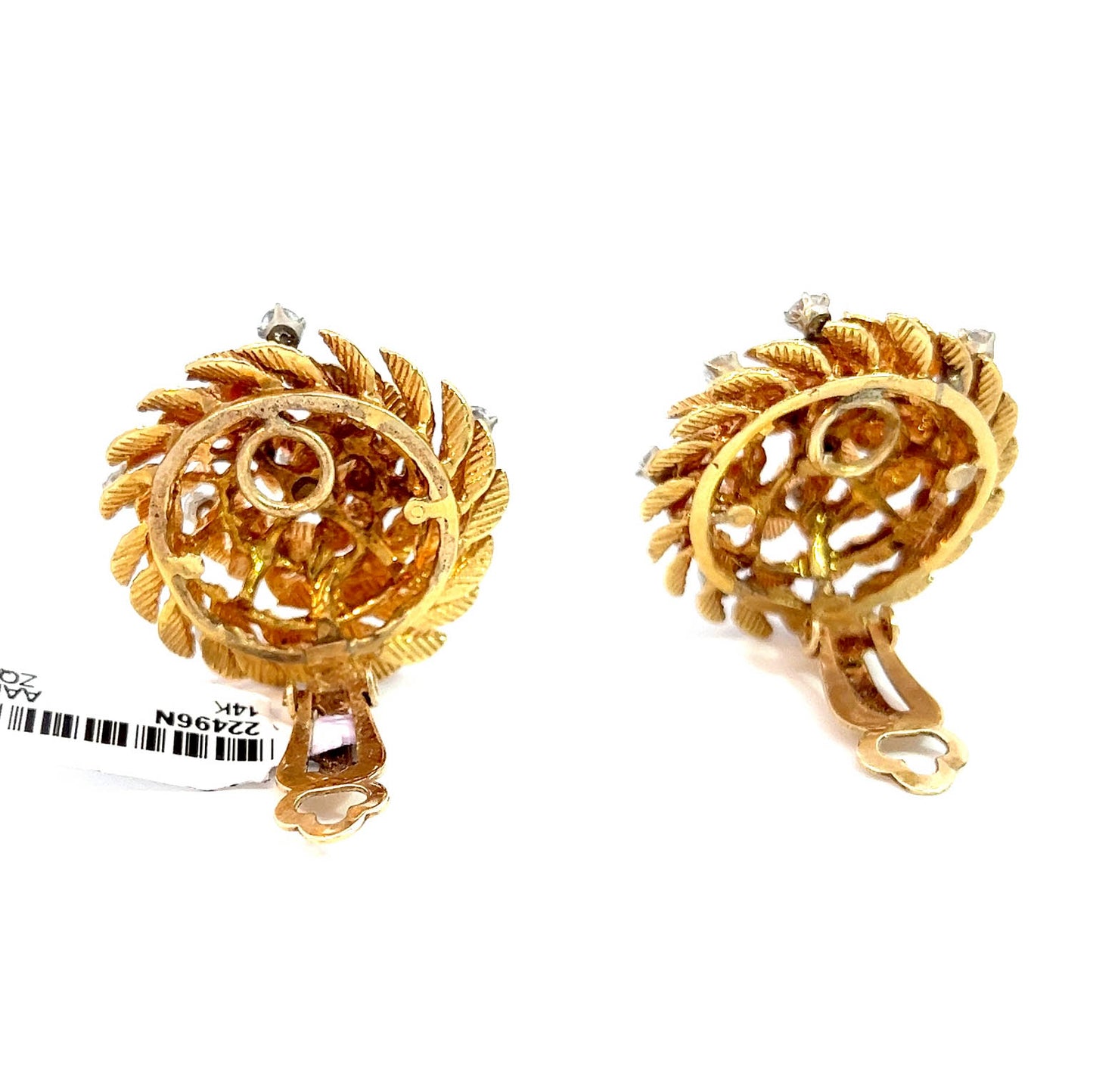 Retro 14k Gold and 1.76 Carat Diamond Clip-On Lever-Back Stud Floral Swirl Design Earrings