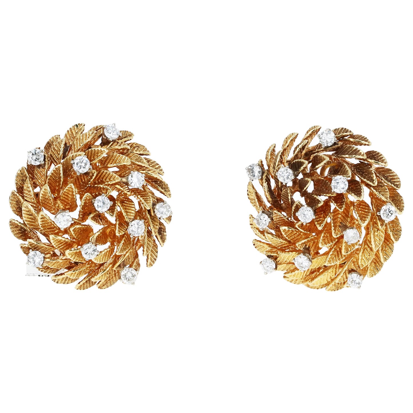 Retro 14k Gold and 1.76 Carat Diamond Clip-On Lever-Back Stud Floral Swirl Design Earrings