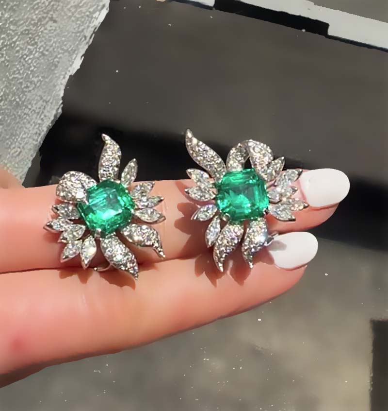 GIA 10.07 Carat Colombia Minor Emerald and Diamond Retro Earrings