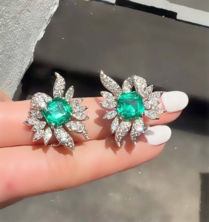 GIA 10.07 Carat Colombia Minor Emerald and Diamond Retro Earrings