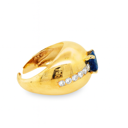 Retro 14K Yellow Gold Dome Ring with Blue Sapphire and Diamonds