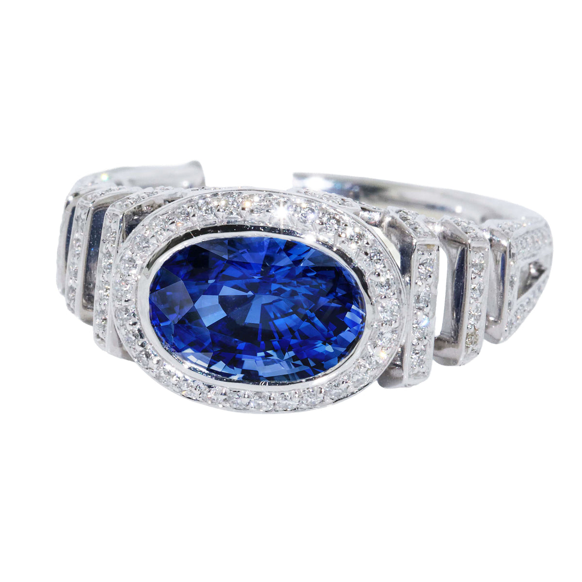 3.54ct no-heat Ceylon blue sapphire east-west ring with 0.46 ctw diamonds with multi-tiered diamond split band AGL Certified