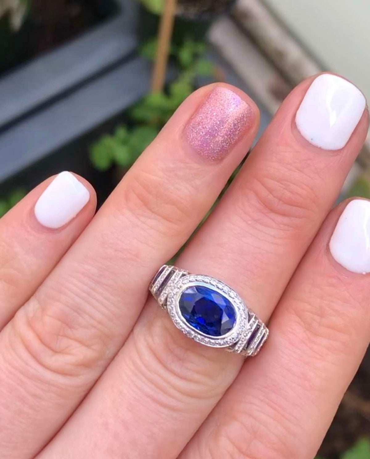 3.54ct no-heat Ceylon blue sapphire east-west ring with 0.46 ctw diamonds with multi-tiered diamond split band AGL Certified