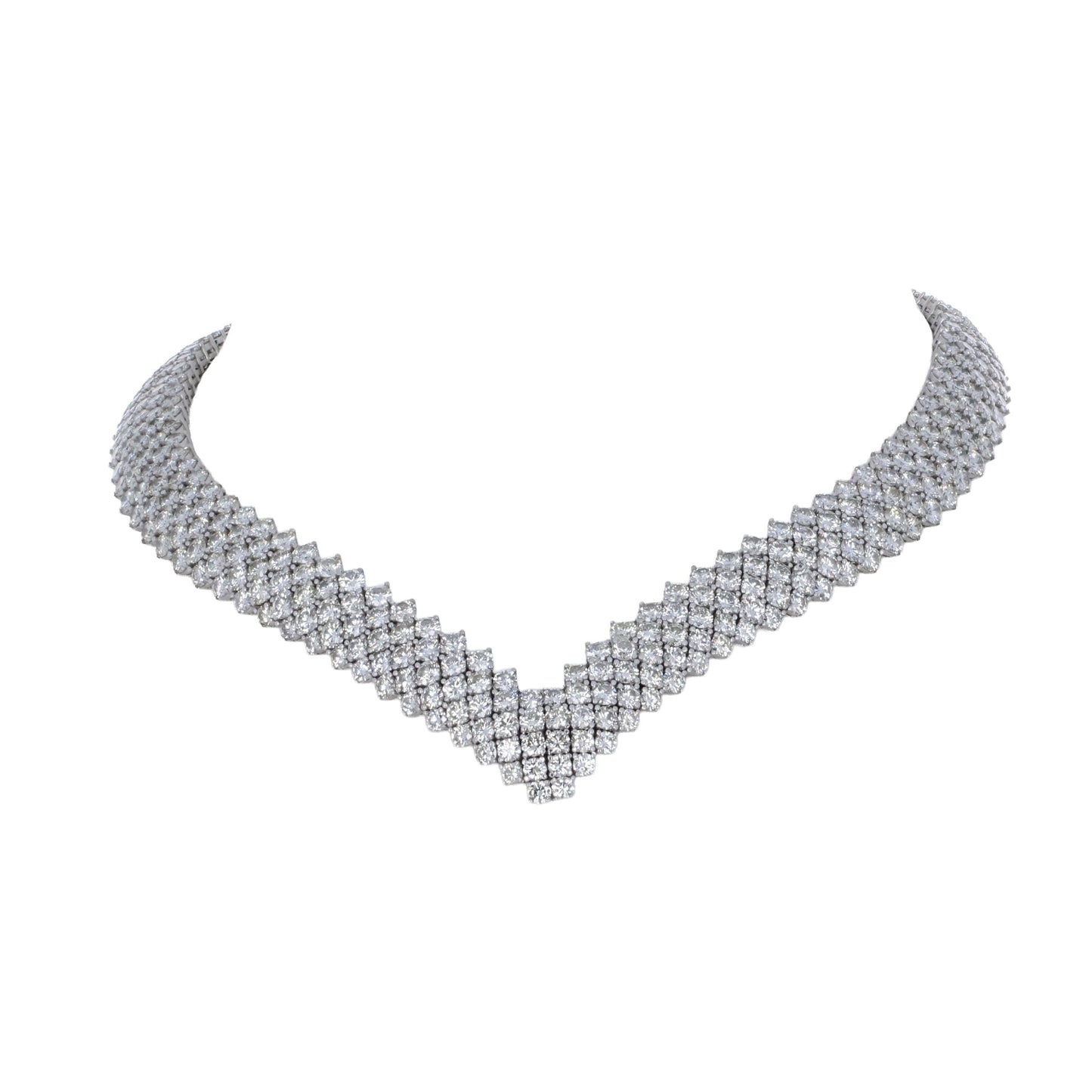 55.00ctw round brilliant diamond chevron collar necklace with 472 diamonds in 18k white gold by Kantor Gems