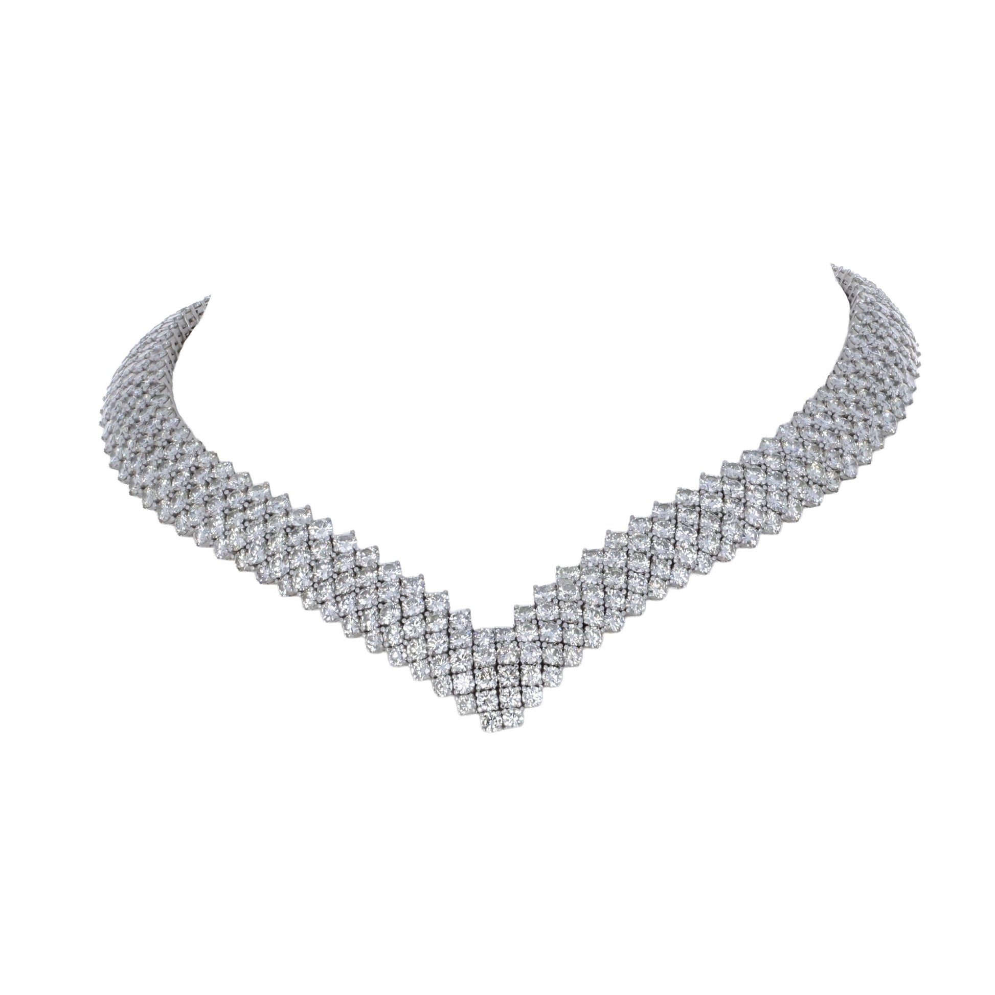 55.00ctw round brilliant diamond chevron collar necklace with 472 diamonds in 18k white gold by Kantor Gems
