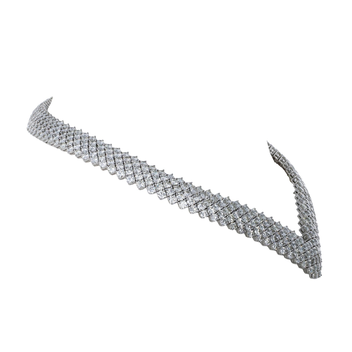 55.00ctw round brilliant diamond chevron collar necklace with 472 diamonds in 18k white gold by Kantor Gems