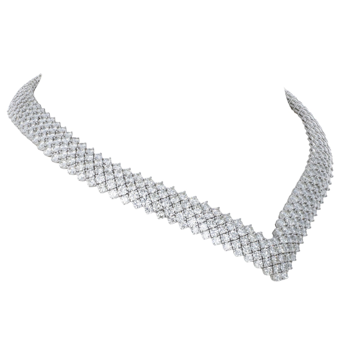 55.00ctw round brilliant diamond chevron collar necklace with 472 diamonds in 18k white gold by Kantor Gems