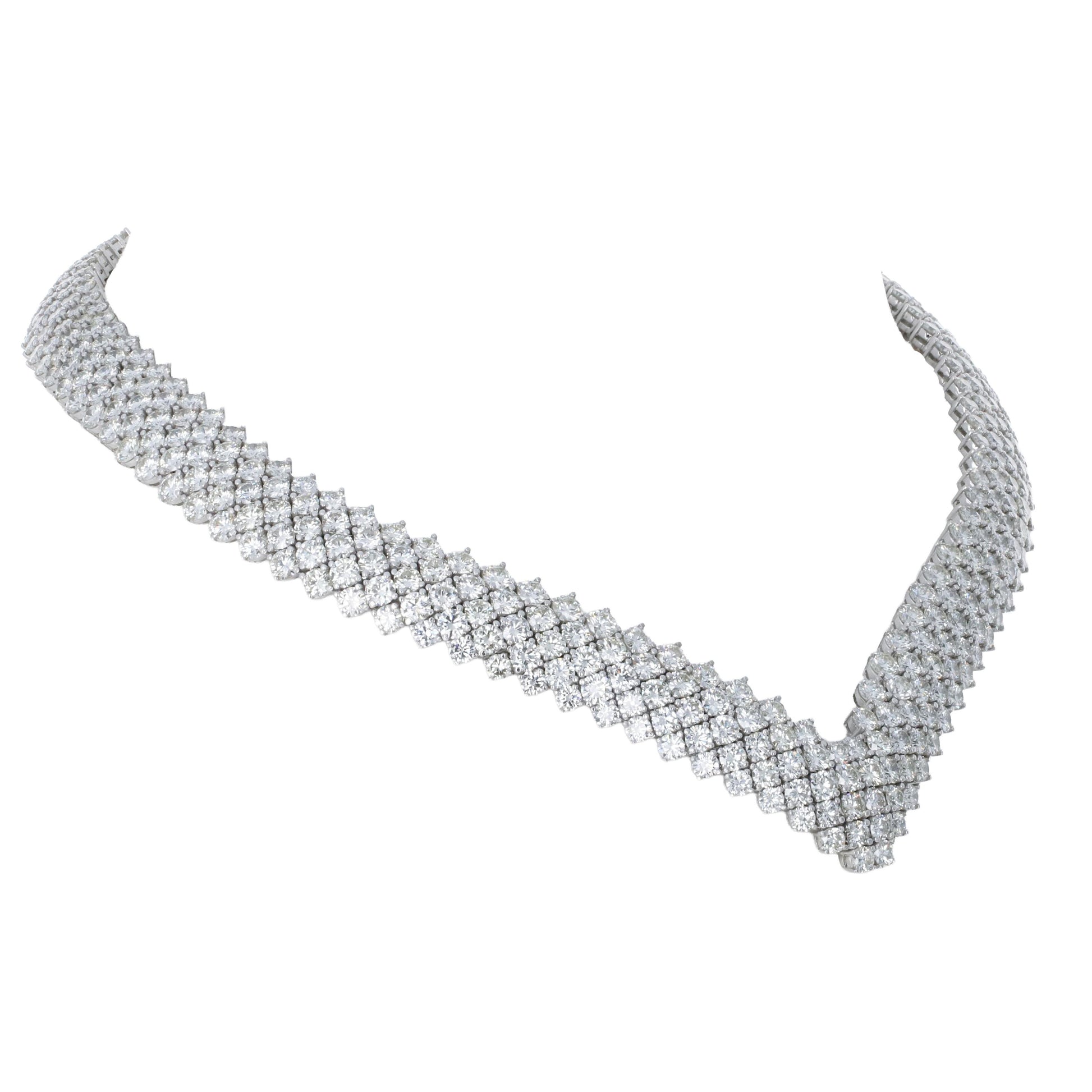 55.00ctw round brilliant diamond chevron collar necklace with 472 diamonds in 18k white gold by Kantor Gems