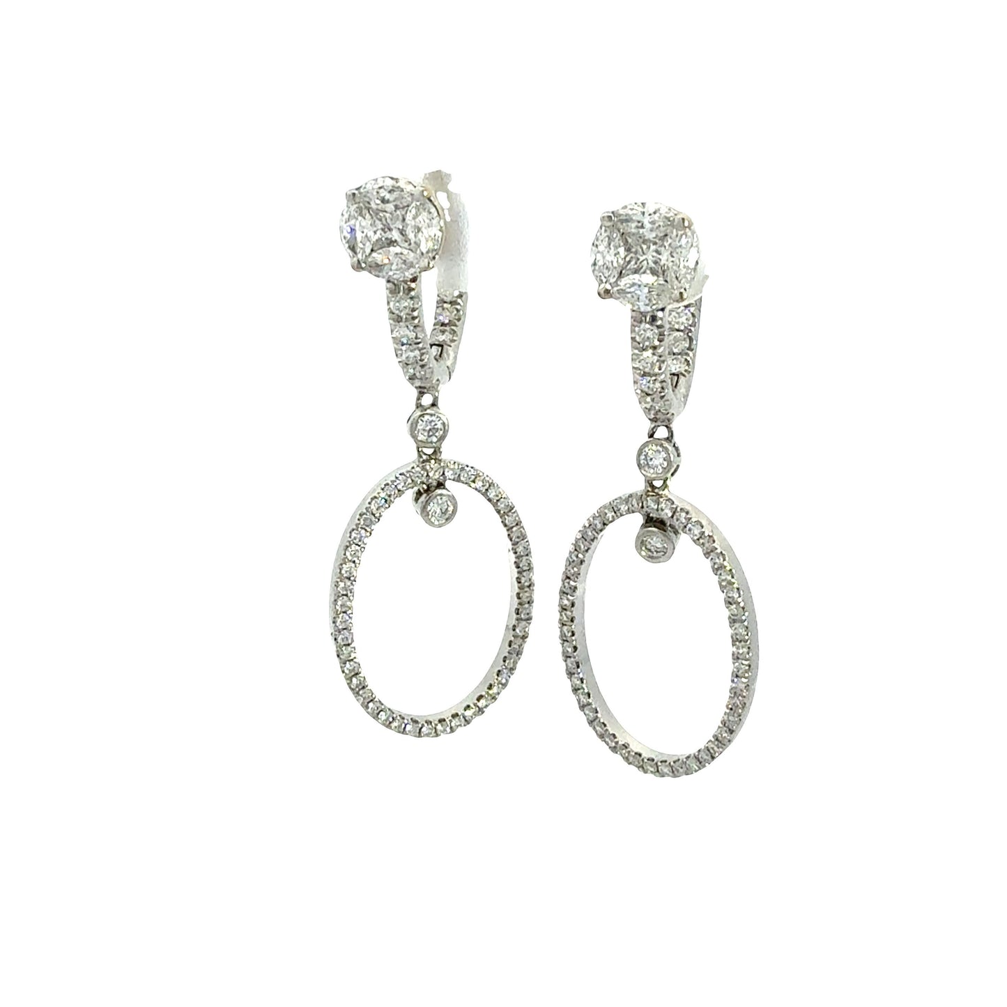 3.45 ctw Diamond Illusion Stud Oval Drop Dangle Earrings in Platinum & 18K