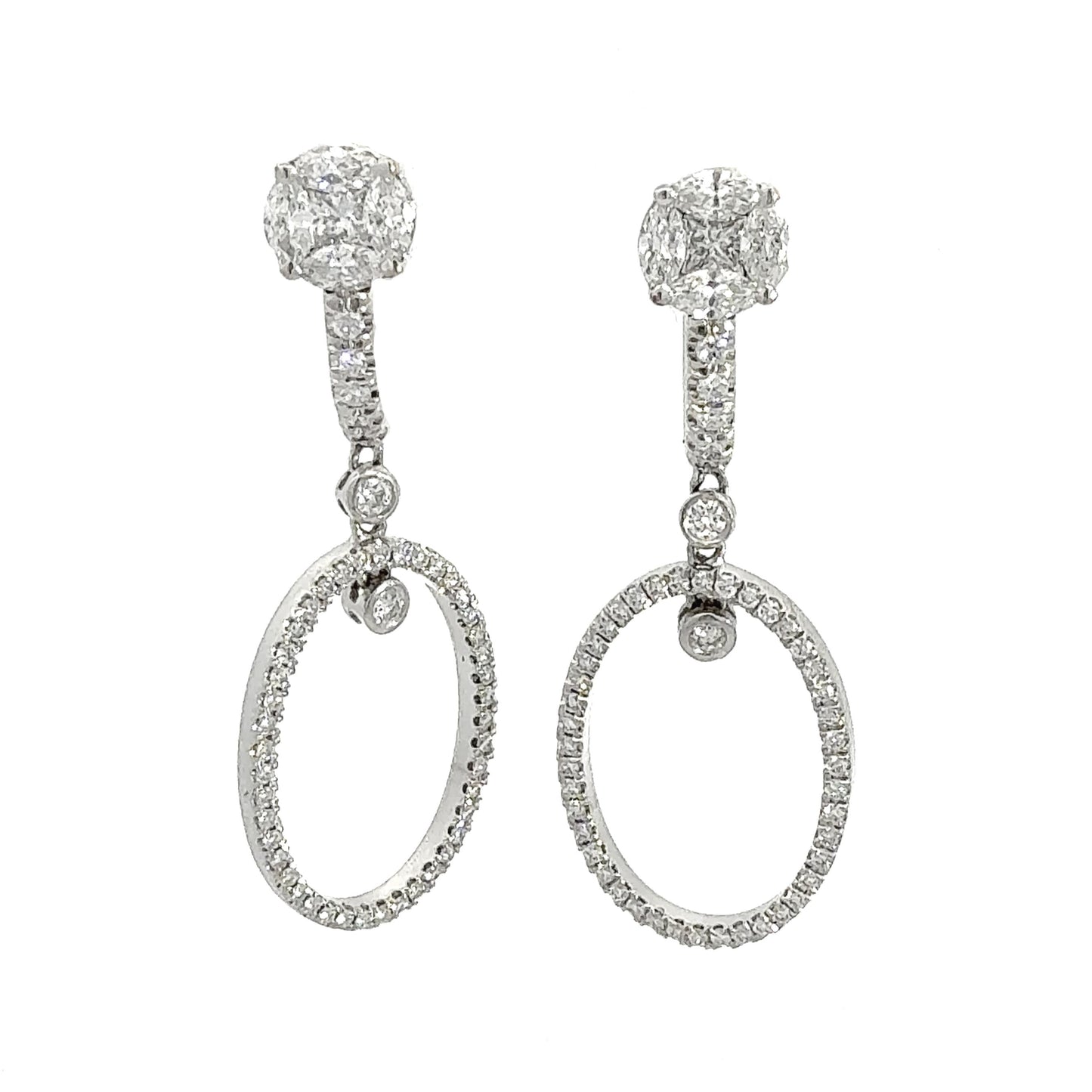 3.45 ctw Diamond Illusion Stud Oval Drop Dangle Earrings in Platinum & 18K