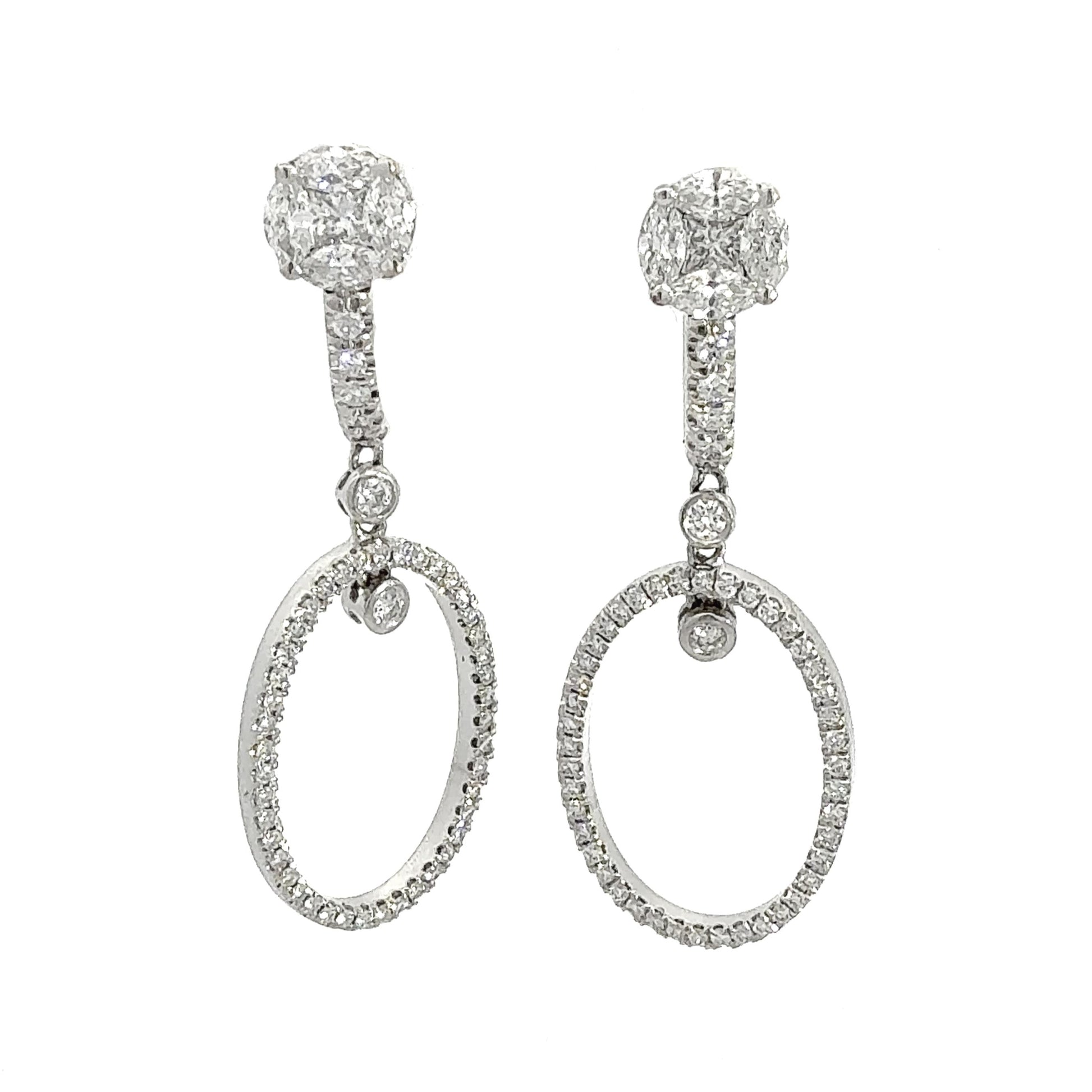 3.45 ctw Diamond Illusion Stud Oval Drop Dangle Earrings in Platinum & 18K