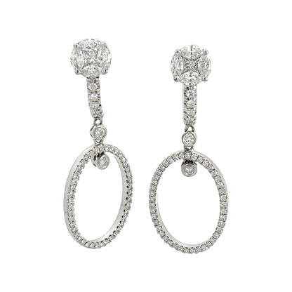 3.45 ctw Diamond Illusion Stud Oval Drop Dangle Earrings in Platinum & 18K