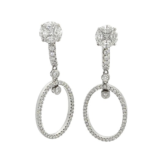 3.45 ctw Diamond Illusion Stud Oval Drop Dangle Earrings in Platinum & 18K
