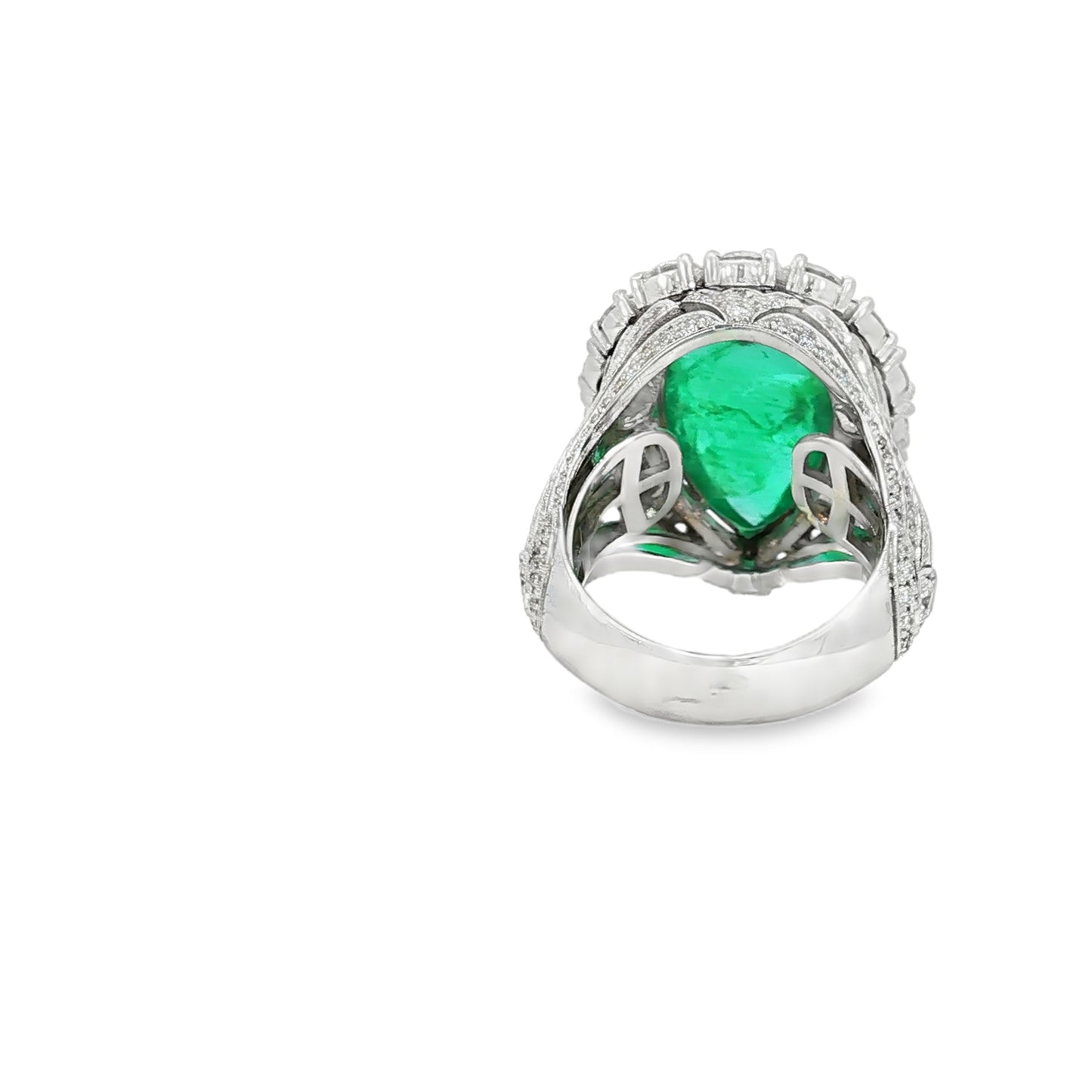 GIA 10.30 Carat Pear Cabochon Emerald 18 Karat White Gold Cocktail Ring