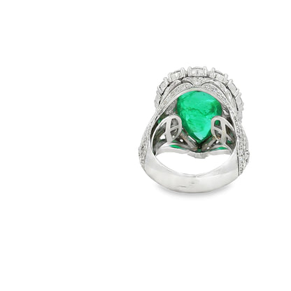 GIA 10.30 Carat Pear Cabochon Emerald 18 Karat White Gold Cocktail Ring