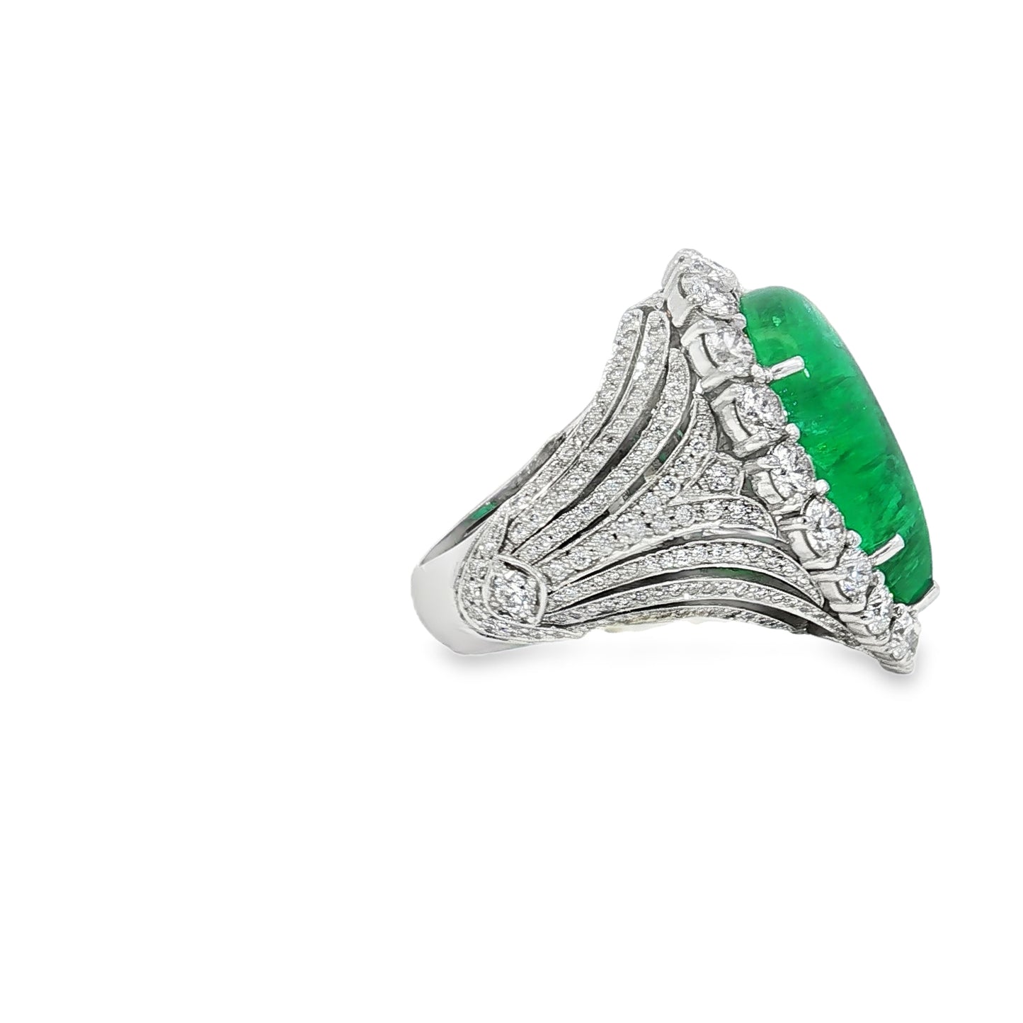 GIA 10.30 Carat Pear Cabochon Emerald 18 Karat White Gold Cocktail Ring