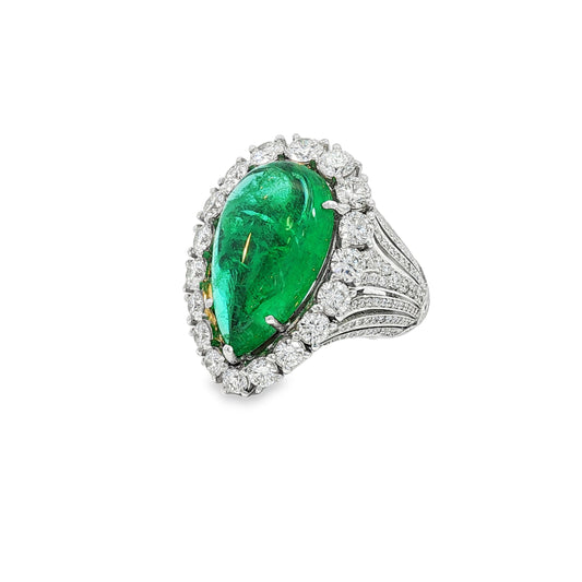 GIA 10.30 Carat Pear Cabochon Emerald 18 Karat White Gold Cocktail Ring