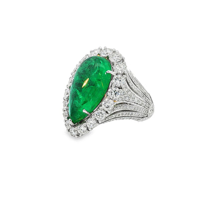 GIA 10.30 Carat Pear Cabochon Emerald 18 Karat White Gold Cocktail Ring