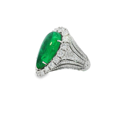 GIA 10.30 Carat Pear Cabochon Emerald 18 Karat White Gold Cocktail Ring