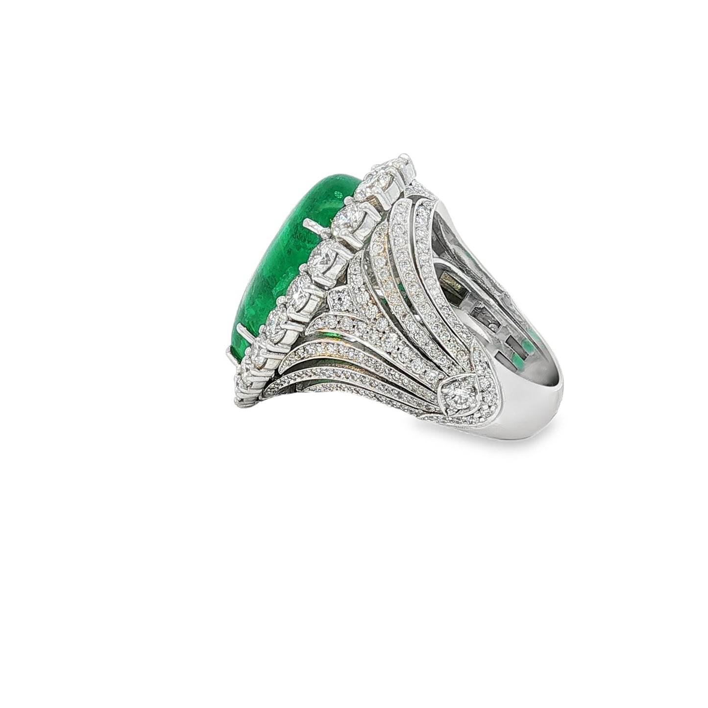 GIA 10.30 Carat Pear Cabochon Emerald 18 Karat White Gold Cocktail Ring