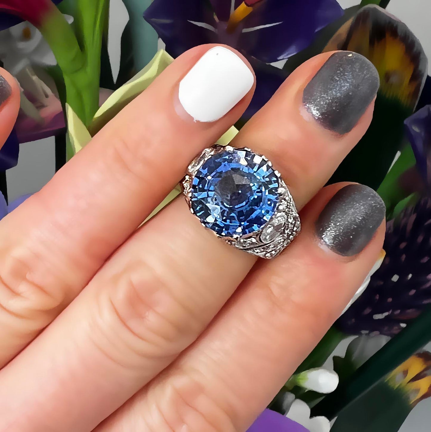 8 Carat Vivid Blue Sapphire in Edwardian Antique Diamond Mounting