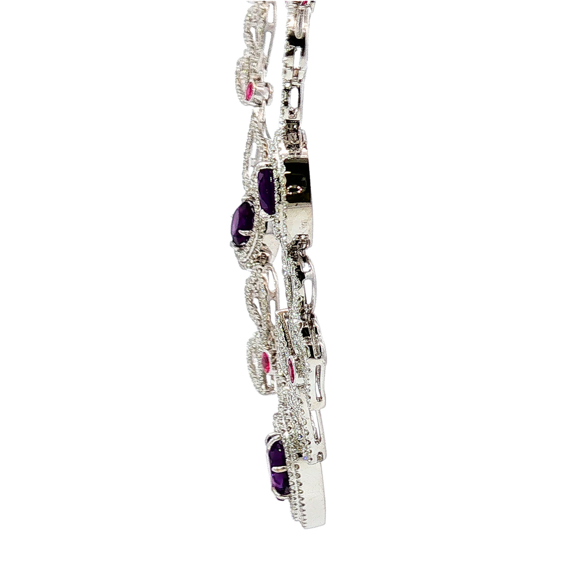 14K white gold heart necklace featuring 14.45 carats of amethysts and 9.00 carats of diamonds in an intricate openwork design.