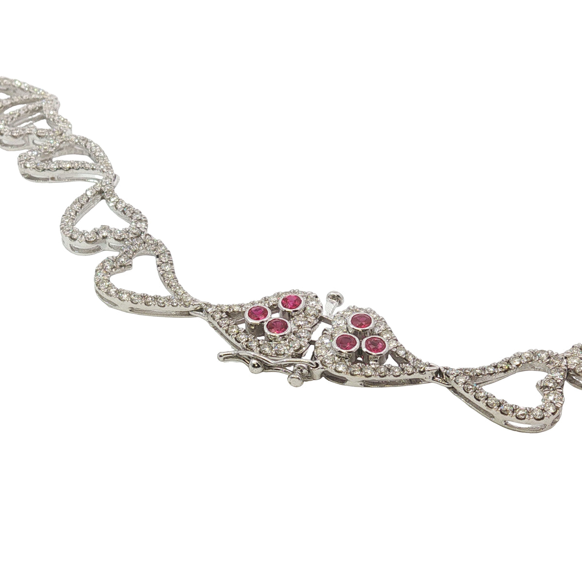 14K white gold heart necklace featuring 14.45 carats of amethysts and 9.00 carats of diamonds in an intricate openwork design.