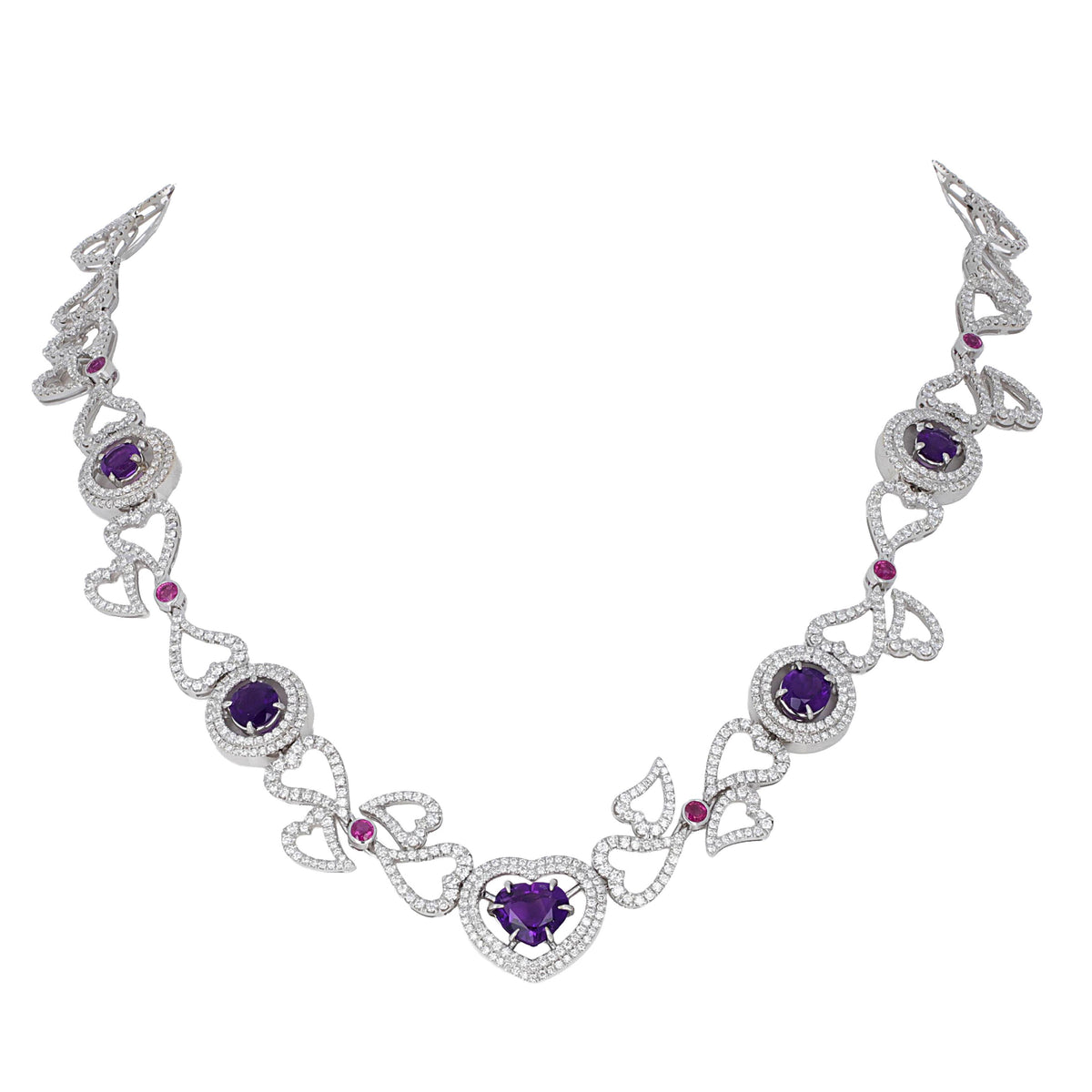 14K white gold heart necklace featuring 4.45 carats of amethysts and 9.00 carats of diamonds in an intricate openwork design.