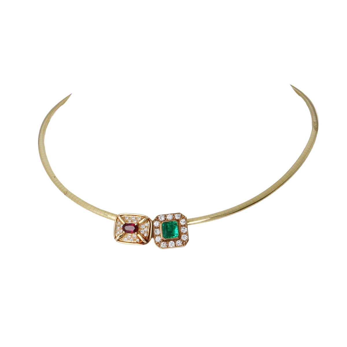 GIA Emerald Ruby Diamond Removable Slide 16" Omega Necklace in 14k Gold, Retro