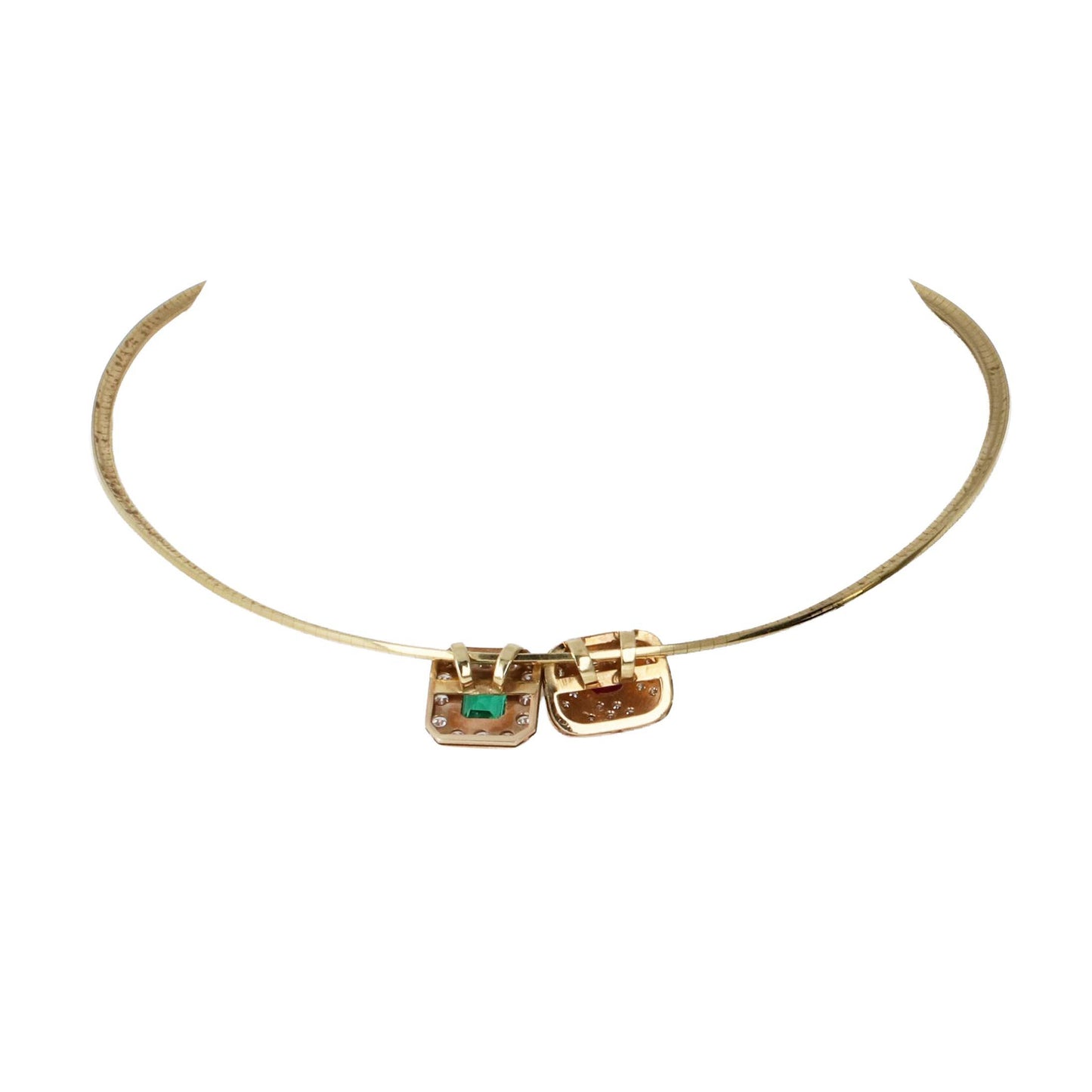 GIA Emerald Ruby Diamond Removable Slide 16" Omega Necklace in 14k Gold, Retro