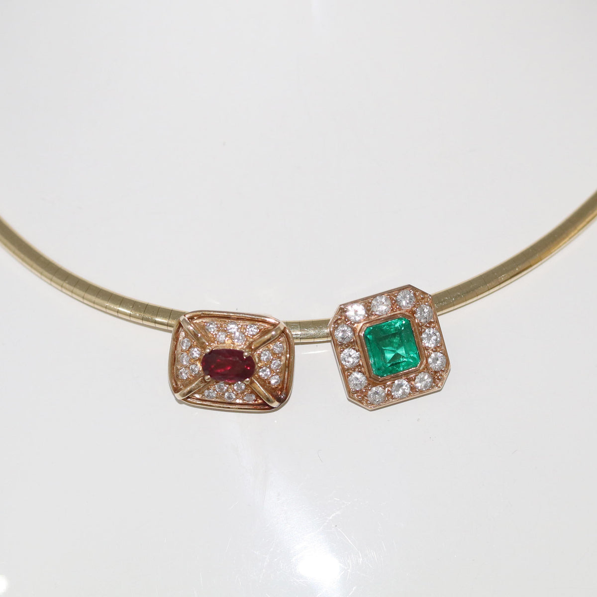 GIA Emerald Ruby Diamond Removable Slide 16" Omega Necklace in 14k Gold, Retro