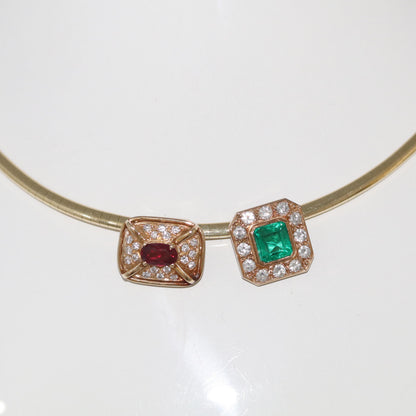 GIA Emerald Ruby Diamond Removable Slide 16" Omega Necklace in 14k Gold, Retro