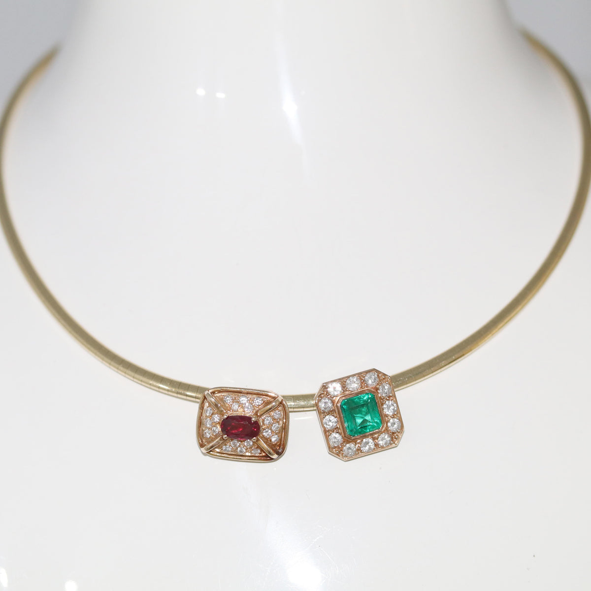 GIA Emerald Ruby Diamond Removable Slide 16" Omega Necklace in 14k Gold, Retro