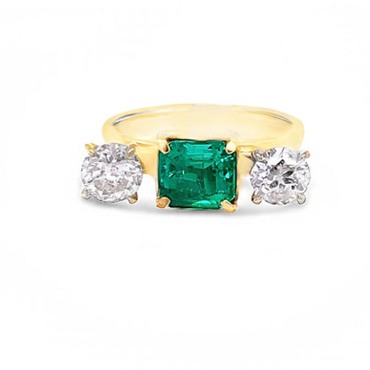 1.51 Carat Emerald and Diamond Three-Stone Ring