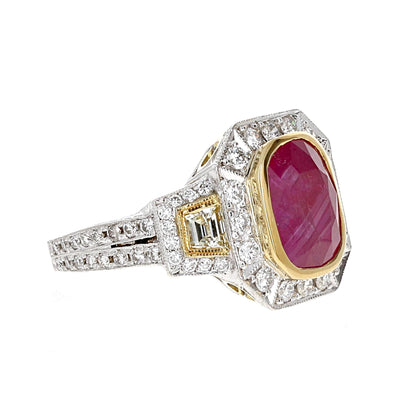 GIA Burma Ruby and Diamond Three Stone Cocktail Ring