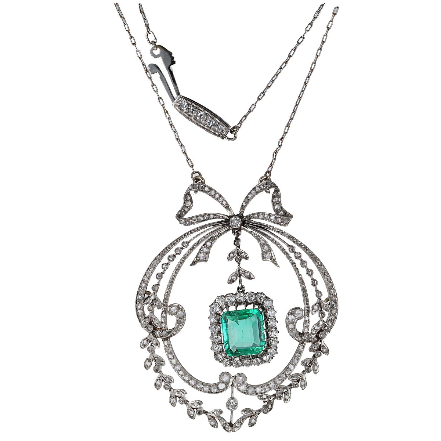 Antique Belle Époque Diamond and Emerald Pendant Necklace