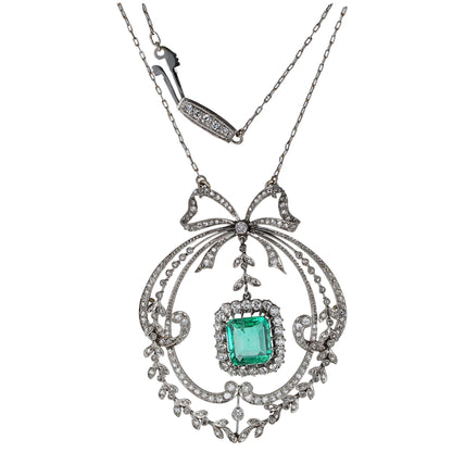 Antique Belle Époque Diamond and Emerald Pendant Necklace