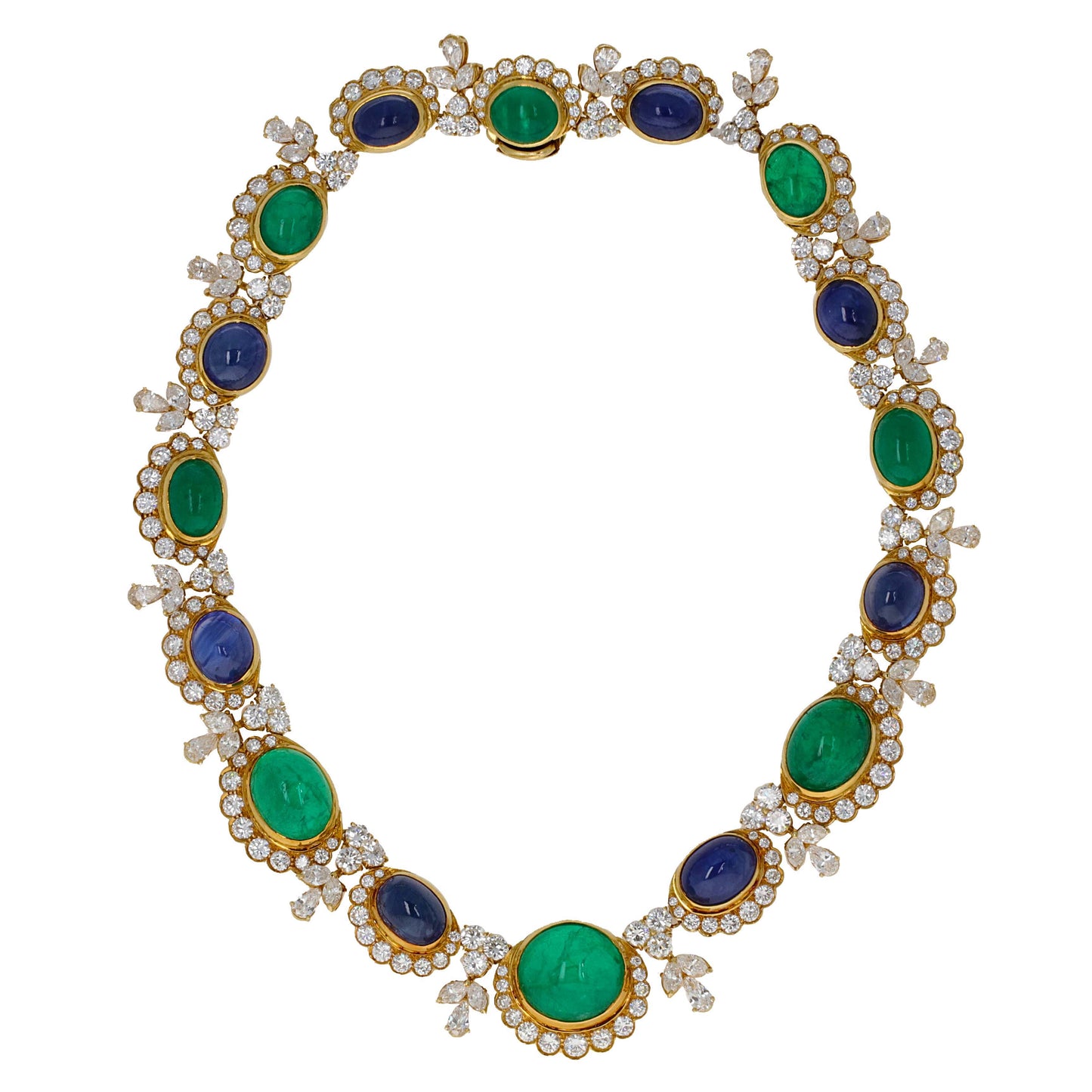 GIA Vintage Retro Sapphire Emerald Cabochon and Diamond Necklace