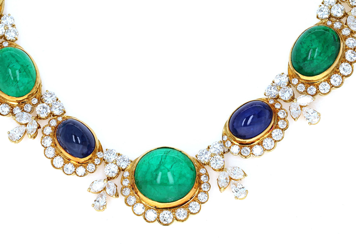 GIA Vintage Retro Sapphire Emerald Cabochon and Diamond Necklace