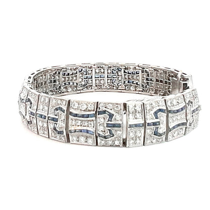 Art Deco-Inspired Diamond and Sapphire Bracelet, 18K Gold, 266 Diamonds ~4 Carats, Filigree Design, 7" Length