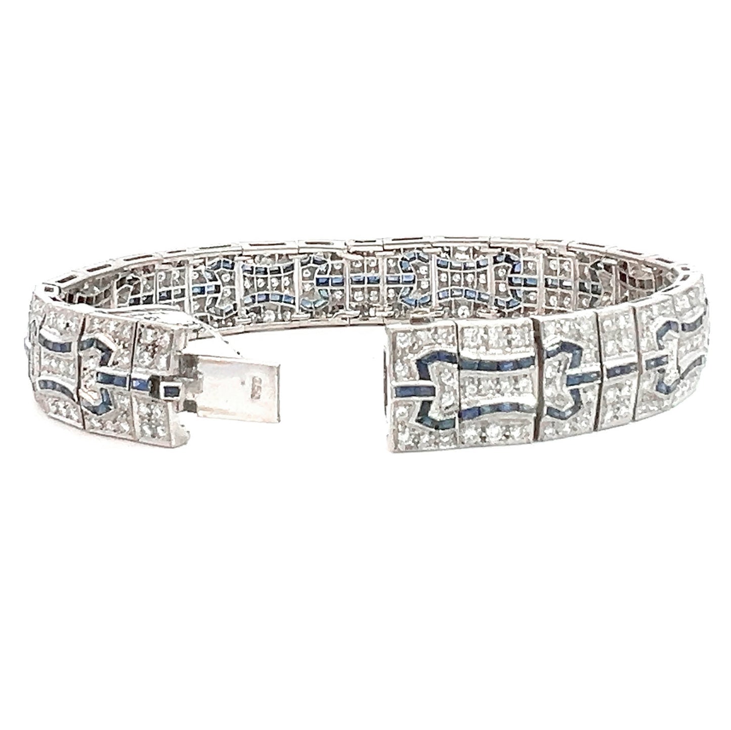 Art Deco-Inspired Diamond and Sapphire Bracelet, 18K Gold, 266 Diamonds ~4 Carats, Filigree Design, 7" Length