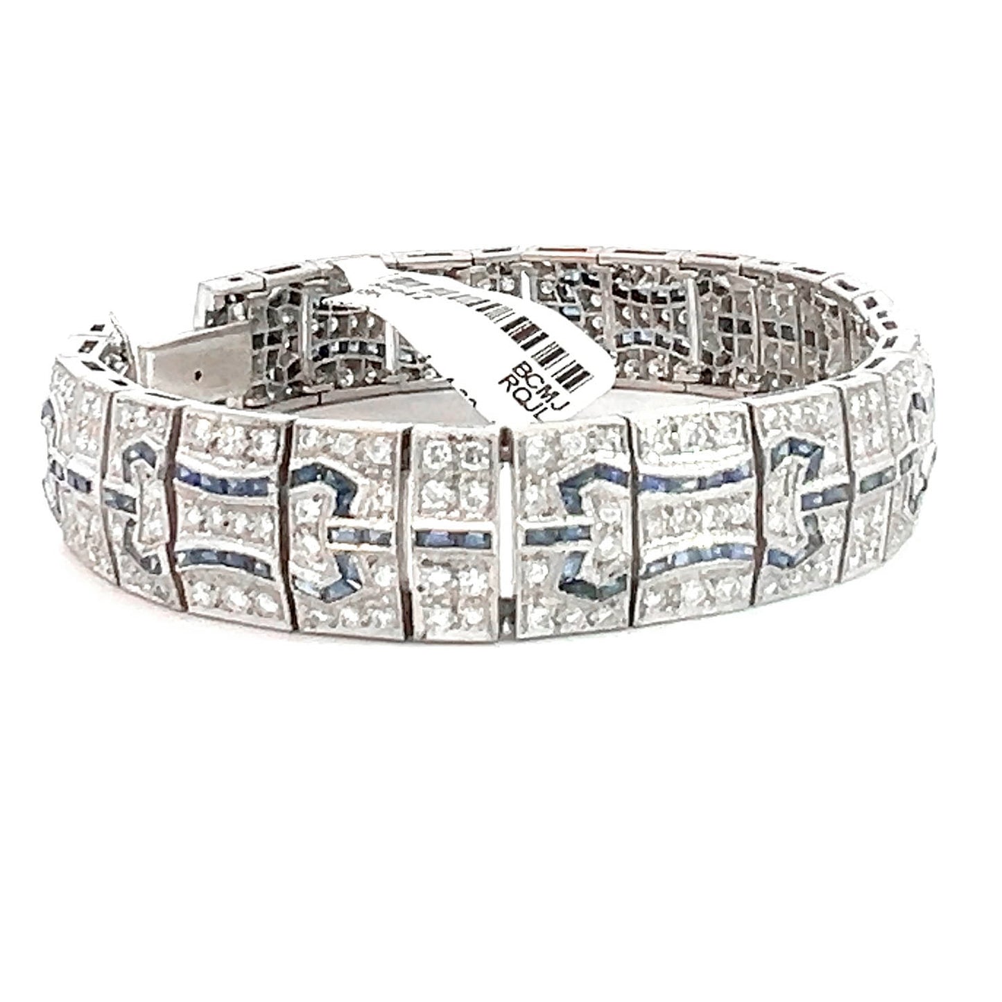 Art Deco-Inspired Diamond and Sapphire Bracelet, 18K Gold, 266 Diamonds ~4 Carats, Filigree Design, 7" Length