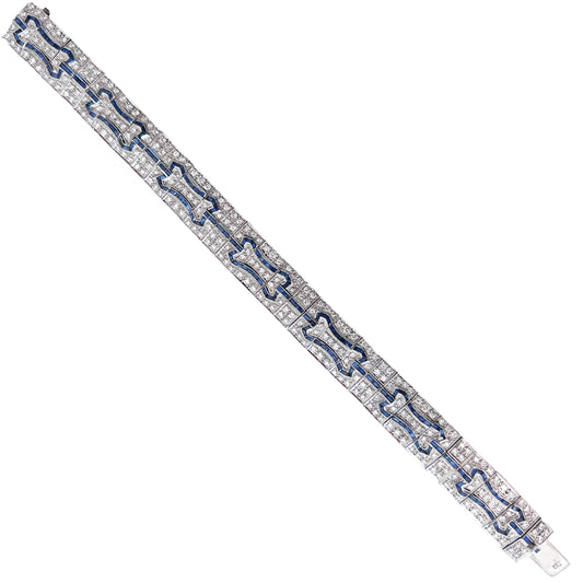 Art Deco-Inspired Diamond and Sapphire Bracelet, 18K Gold, 266 Diamonds ~4 Carats, Filigree Design, 7" Length