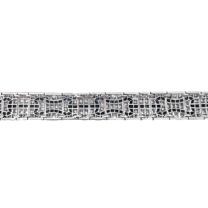 Art Deco-Inspired Diamond and Sapphire Bracelet, 18K Gold, 266 Diamonds ~4 Carats, Filigree Design, 7" Length